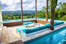 Location villa Las Terrenas - Le salon extérieur et la piscine