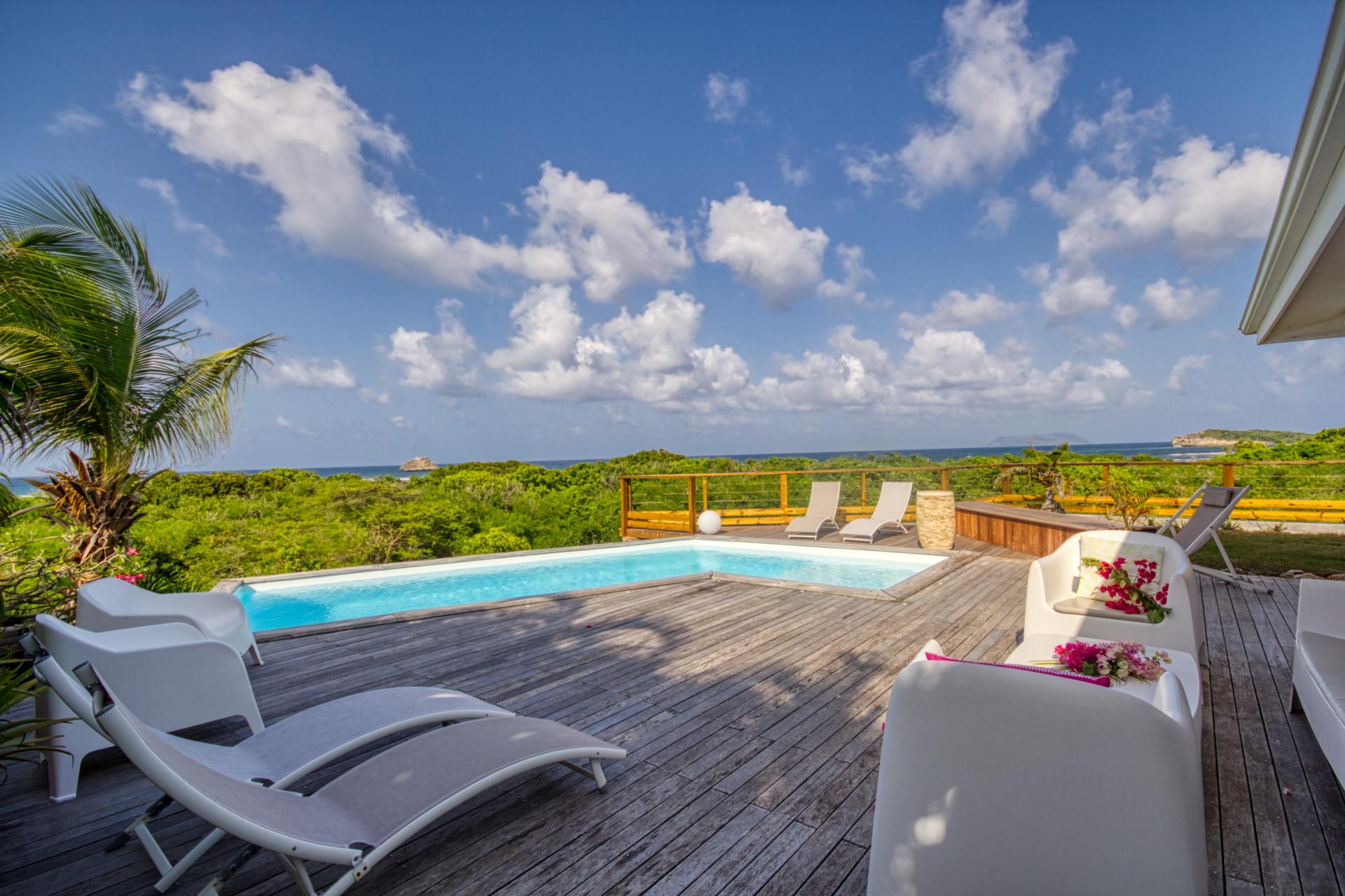 Location villa 2 chambres pour 4-6 personnes à St François en Guadeloupe avec vue mer et piscine